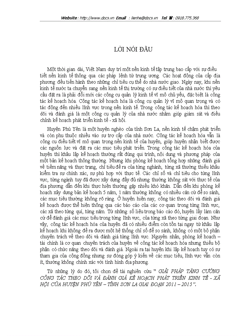 Giải pháp tăng cường công tác theo dõi và đánh giá kế hoạch phát triển kinh tế xã hội của huyện phù yên tỉnh sơn la giai đoạn 2011 2015