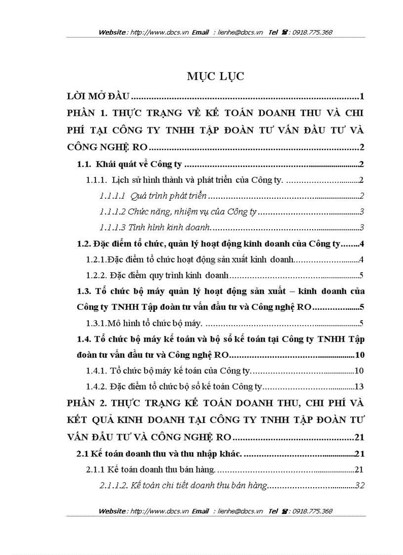 Thực trạng kế toán doanh thu chi phí và kết quả kinh doanh tại Công ty TNHH Tập đoàn tư vấn đầu tư và công nghệ RO