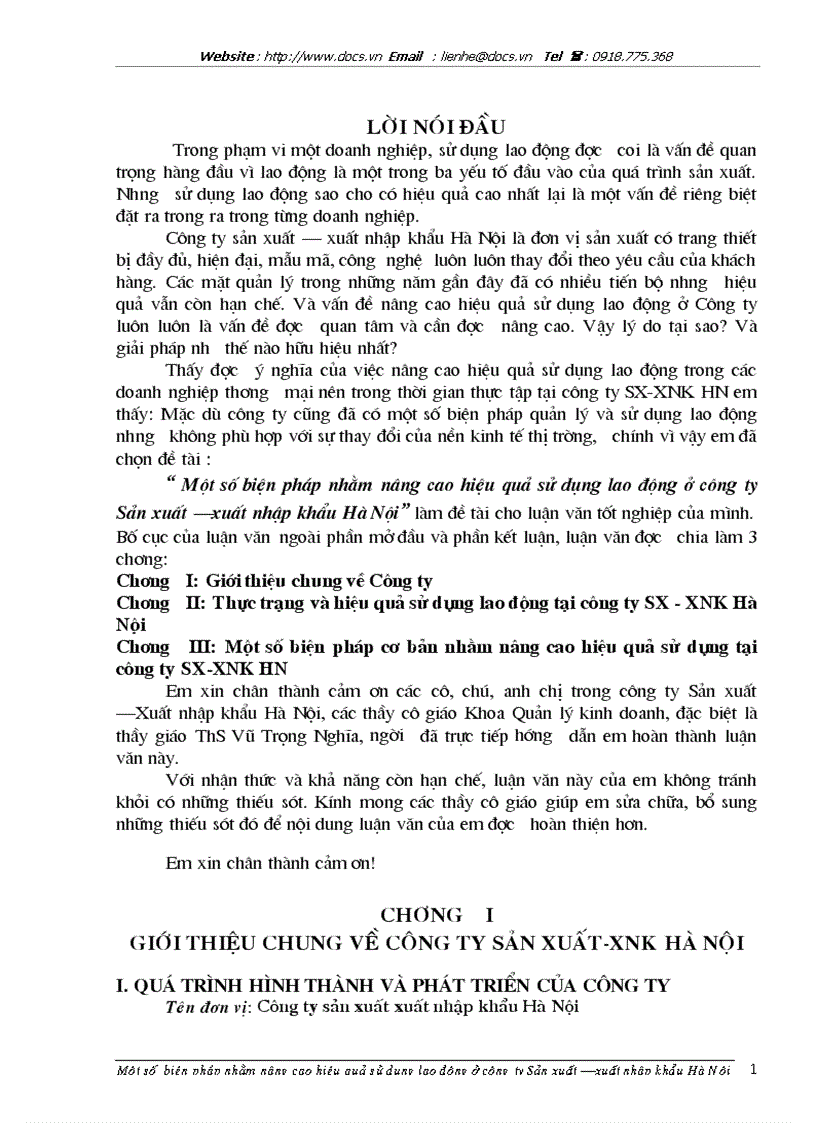 Một số biện pháp nhằm nâng cao hiệu quả sử dụng lao động ở công ty Sản xuất xuất nhập khẩu Hà Nội