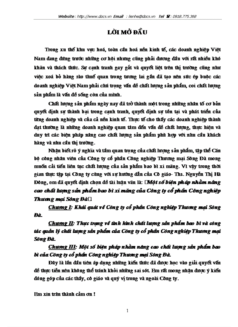 Một số biện pháp nhằm nâng cao chất lượng sản phẩm của công ty cổ phần công nghiệp và thương mại sông đà