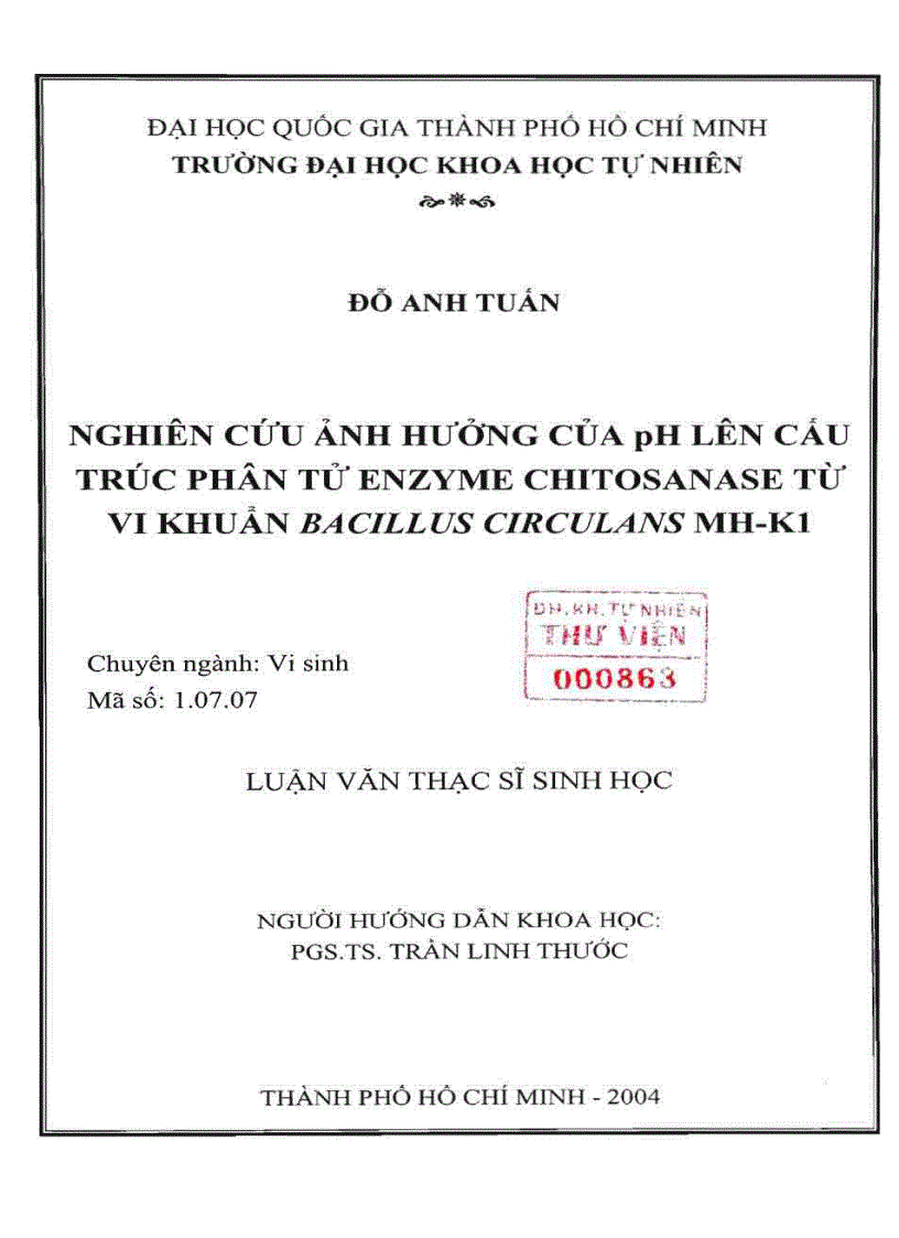 Nghiên cứu ảnh hưởng của pH lên cấu trúc phân tử enzyme chitosanase từ vi khuẩn basillus circulans mh k