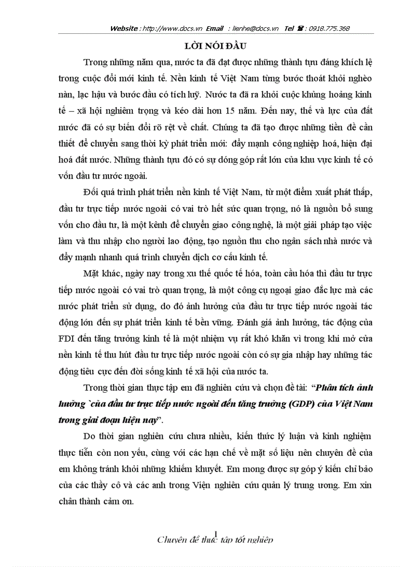 Phân tích ảnh hưởng của đầu tư trực tiếp nước ngoài đến tăng trưởng GDP của Việt Nam trong giai đoạn hiện nay