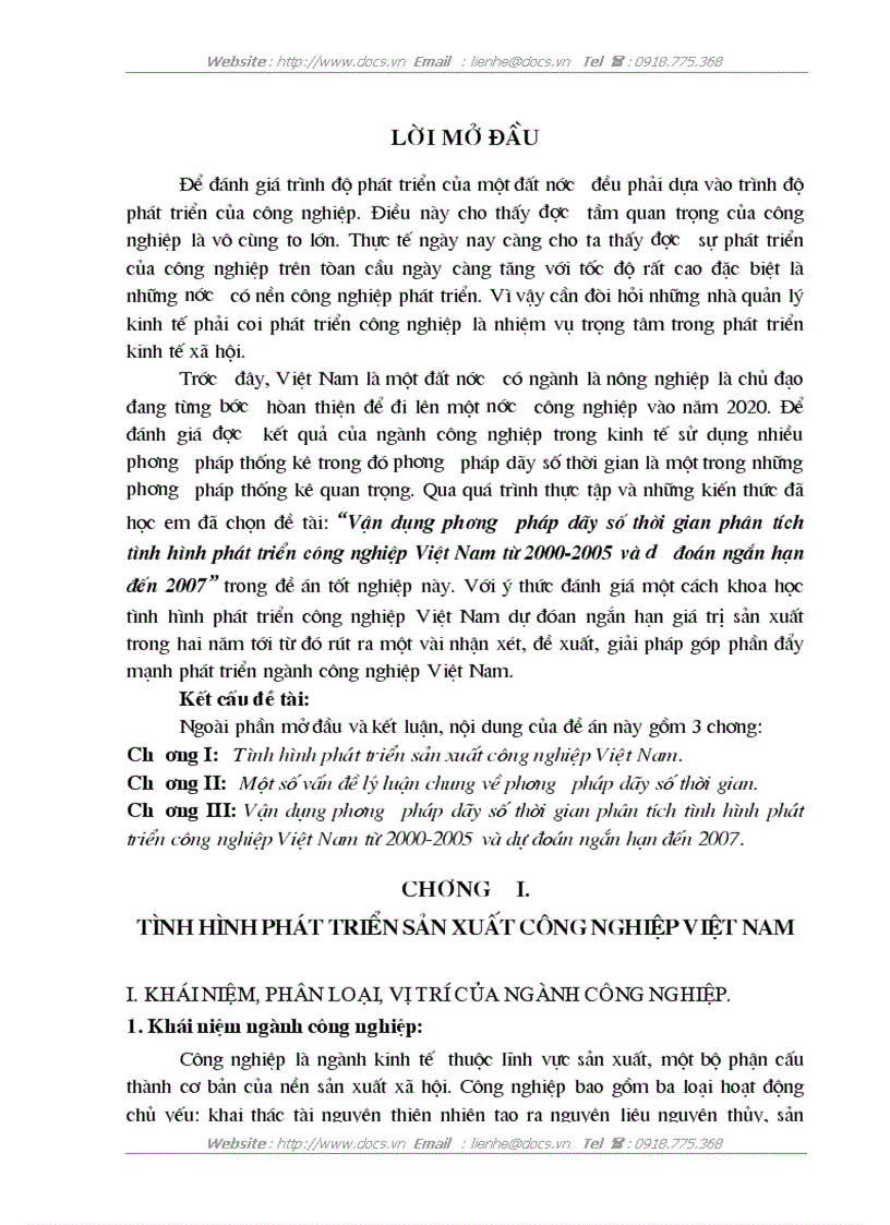Vận dụng phương pháp dãy số thời gian phân tích tình hình phát triển công nghiệp Việt Nam từ 2000 2005 và dư đoán ngắn hạn đến 2007