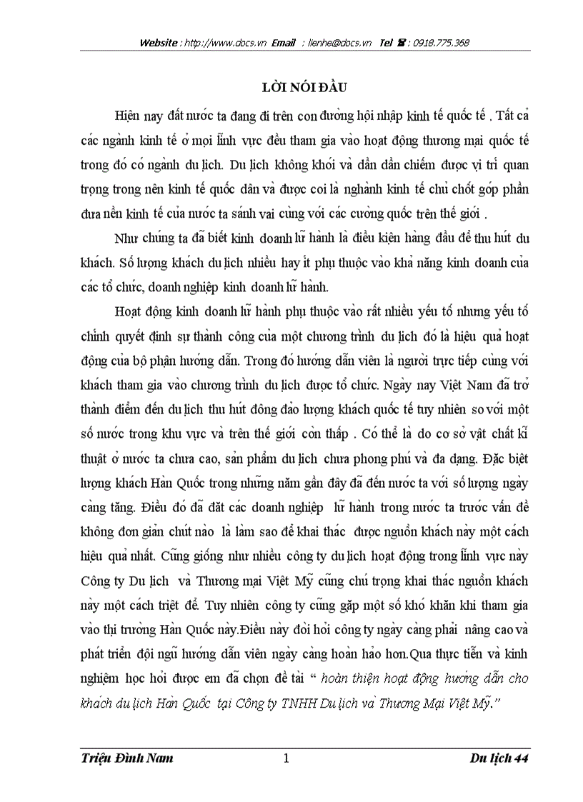 Hoàn thiện hoa t đô ng hươ ng dâ n cho kha ch du li ch Ha n Quô c ta i Công ty TNHH Du li ch va Thương Ma i Viê t My