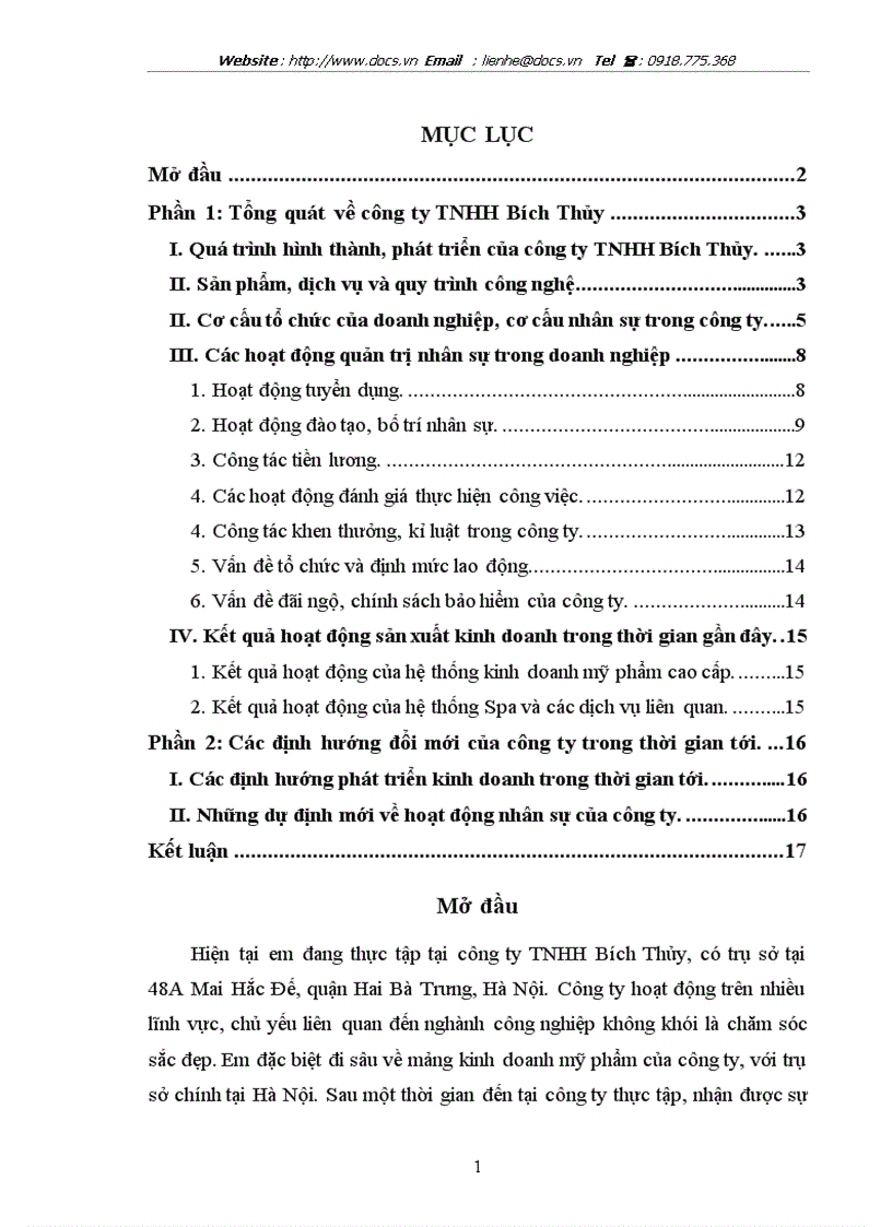 Tại Công ty TNHH Bích thuỷ