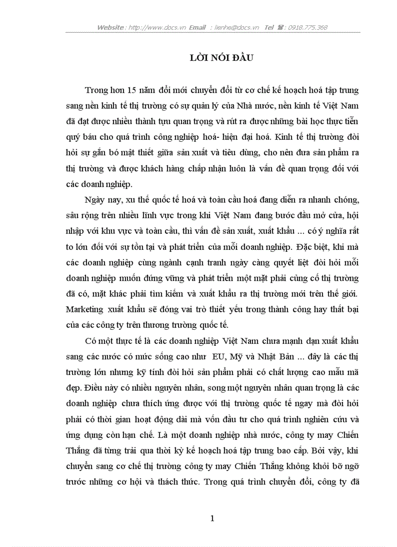 Giải pháp Marketing nhằm nâng cao năng lực cạnh tranh hướng về xuất khẩu sản phẩm may mặc sang thị trường EU ứng dụng tại công ty may Chiến Thắng
