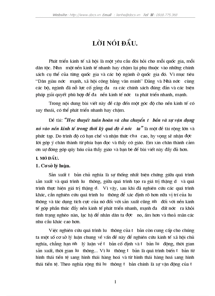 Học thuyết tuần hoàn và chu chuyển tư bản và sự vận dụng nó vào nền kinh tế trong thời kỳ quá độ ở nước ta