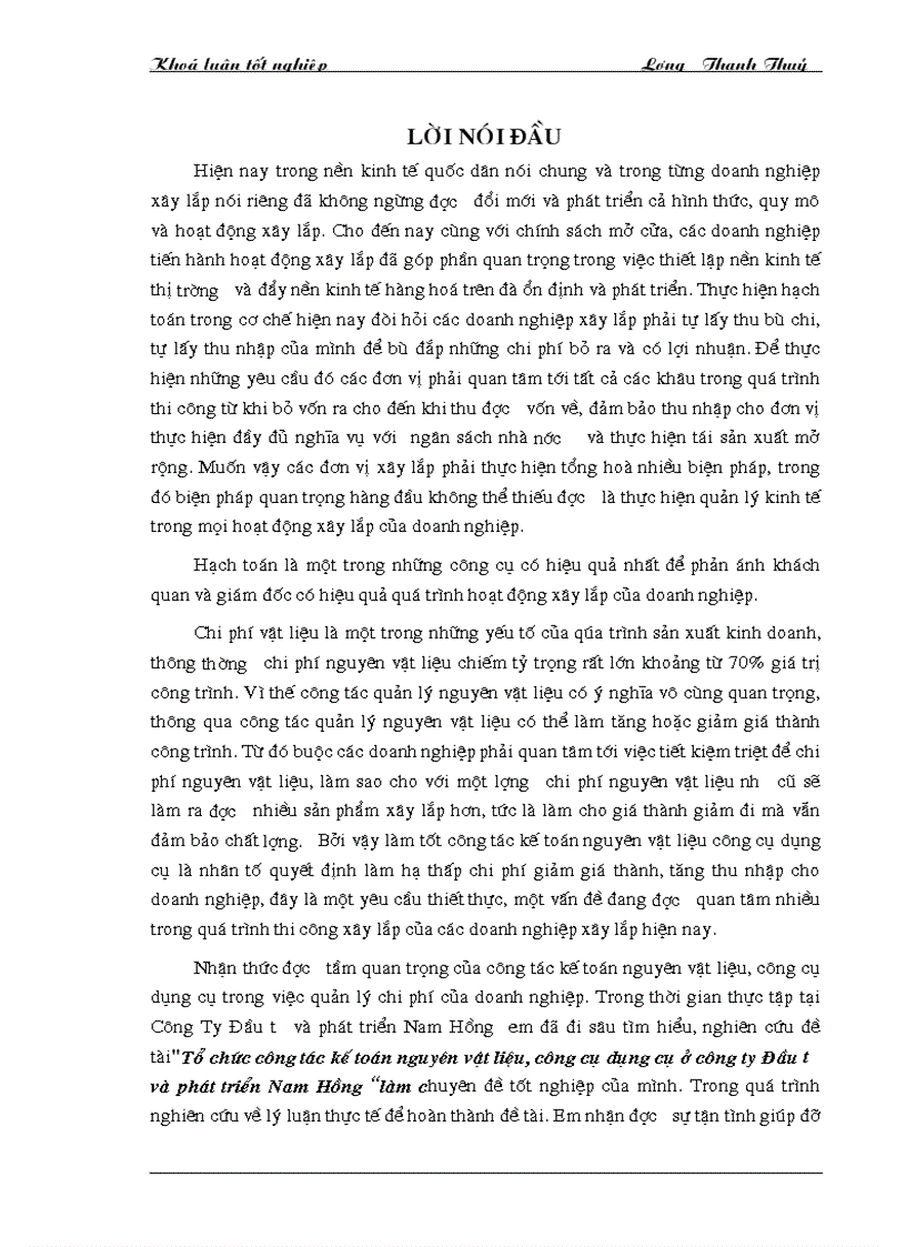 Công tác kế toán vật liệu tại Công ty ĐT PT Nam Hồng và một số ý kiến đề xuất nhằm góp phần hoàn thiện công tác kế toán vật liệu ở công ty