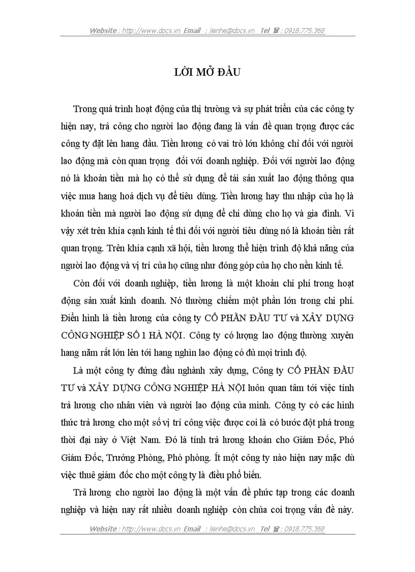 Một số ý kiến nhằm cải tiến các hình thức trả lương ở công ty Cổ Phần Đầu Tư và Xây Dựng Công Nghiệp Hà Nội