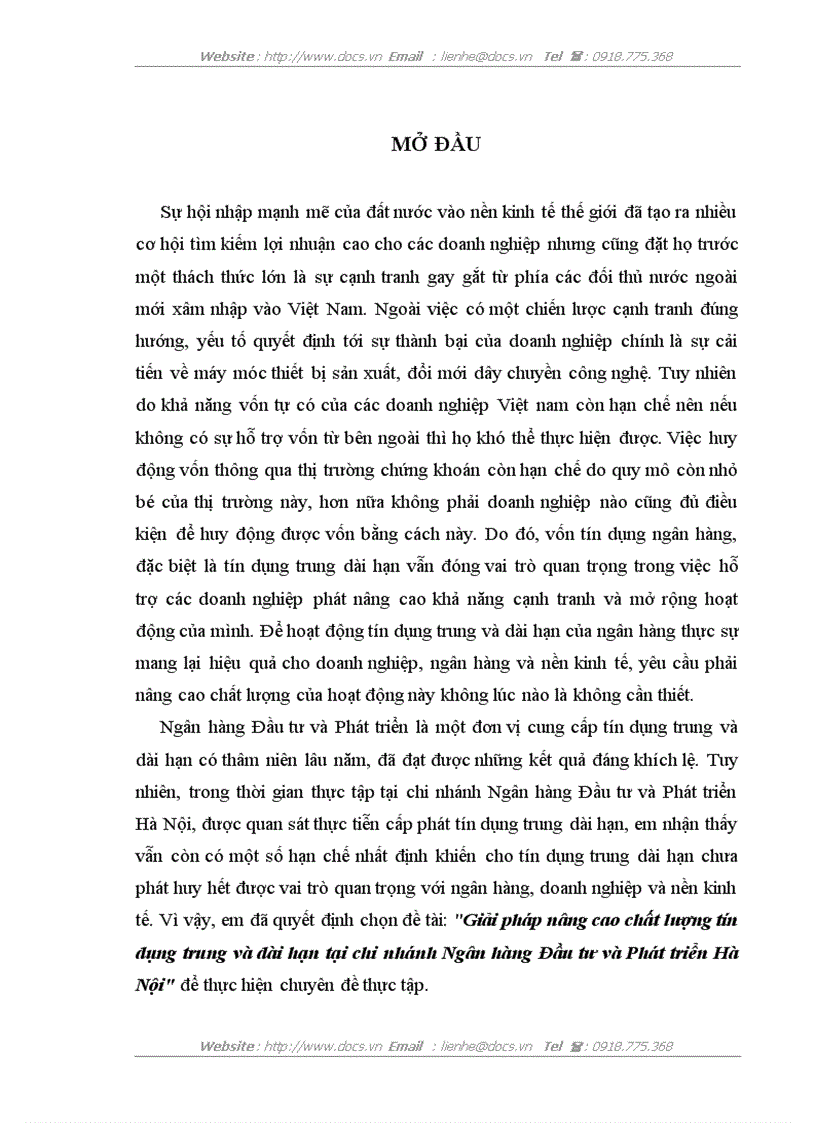 Giải pháp nâng cao chất lượng tín dụng trung và dài hạn tại chi nhánh Ngân hàng Đầu tư và Phát triển Hà Nội