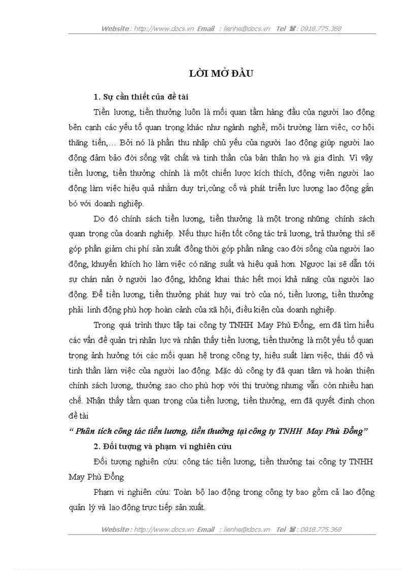 Phân tích công tác tiền lương tiền thưởng tại công ty TNHH May Phù Đổng
