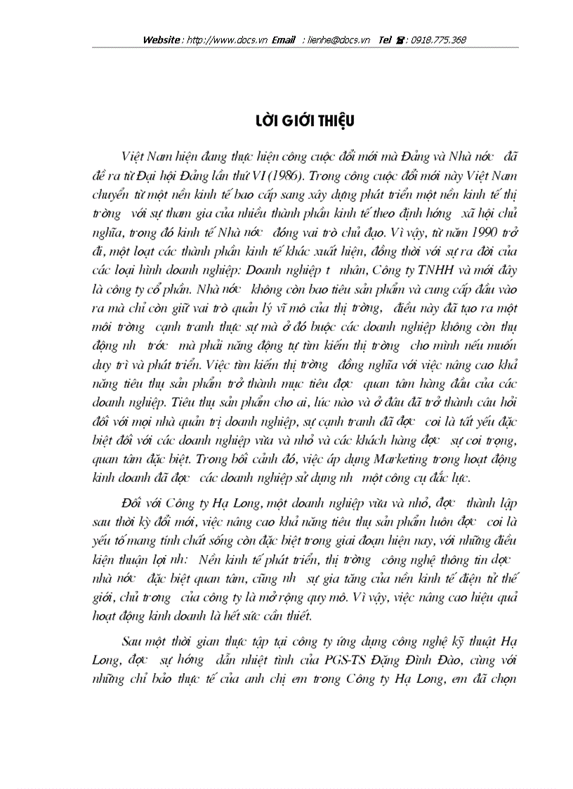 Ứng dụng Marketing trong việc nâng cao hiệu quả hoạt động kinh doanh ở công ty kỹ thuật công nghệ Hạ Long