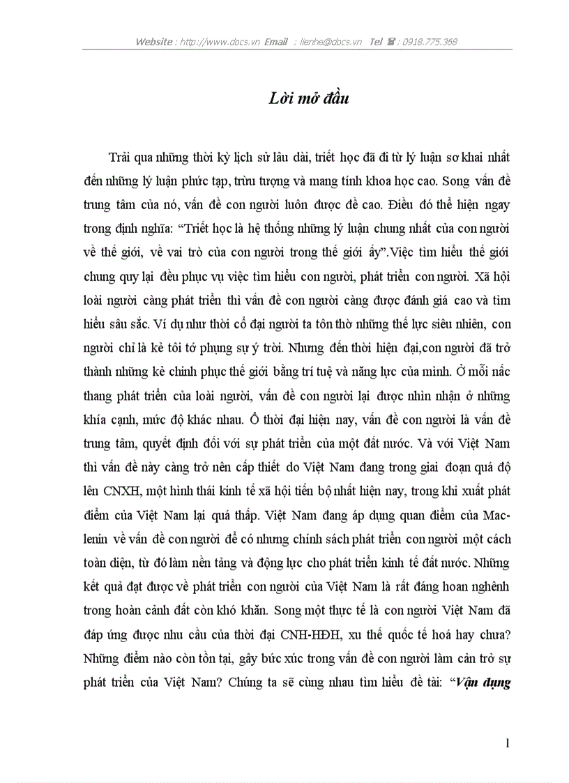 Vận dụng quan điểm của triết học Mac lênin về vấn đề con người để tìm hiểu con người Việt Nam trong thời kì đẩy mạnh CNH HĐH