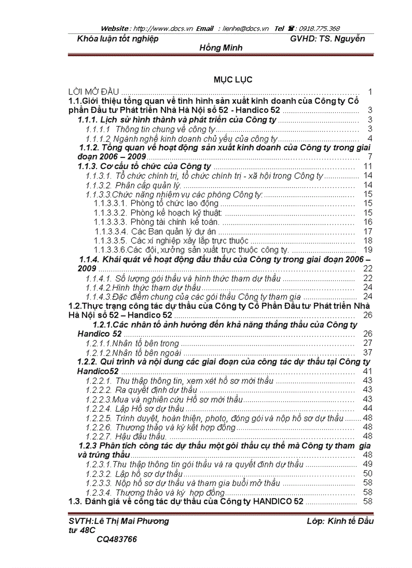 Nâng cao khả năng thắng thầu tại Công ty Đầu tư Phát triển nhà Hà Nội số 52 HANDICO 52