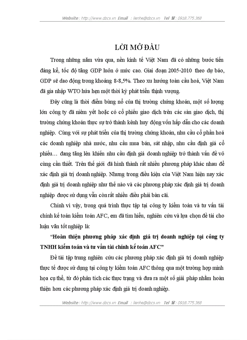 Hoàn thiện phương pháp xác định giá trị doanh nghiệp tại công ty TNHH kiểm toán và tư vấn tài chính kế toán AFC