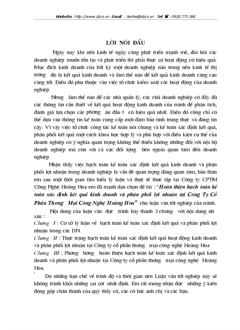 Hoàn thiện hạch toán kế toán xác định kết quả kinh doanh và phân phối lợi nhuận tại Công Ty Cổ Phần Thương Mại Công Nghệ Hoàng Hoa
