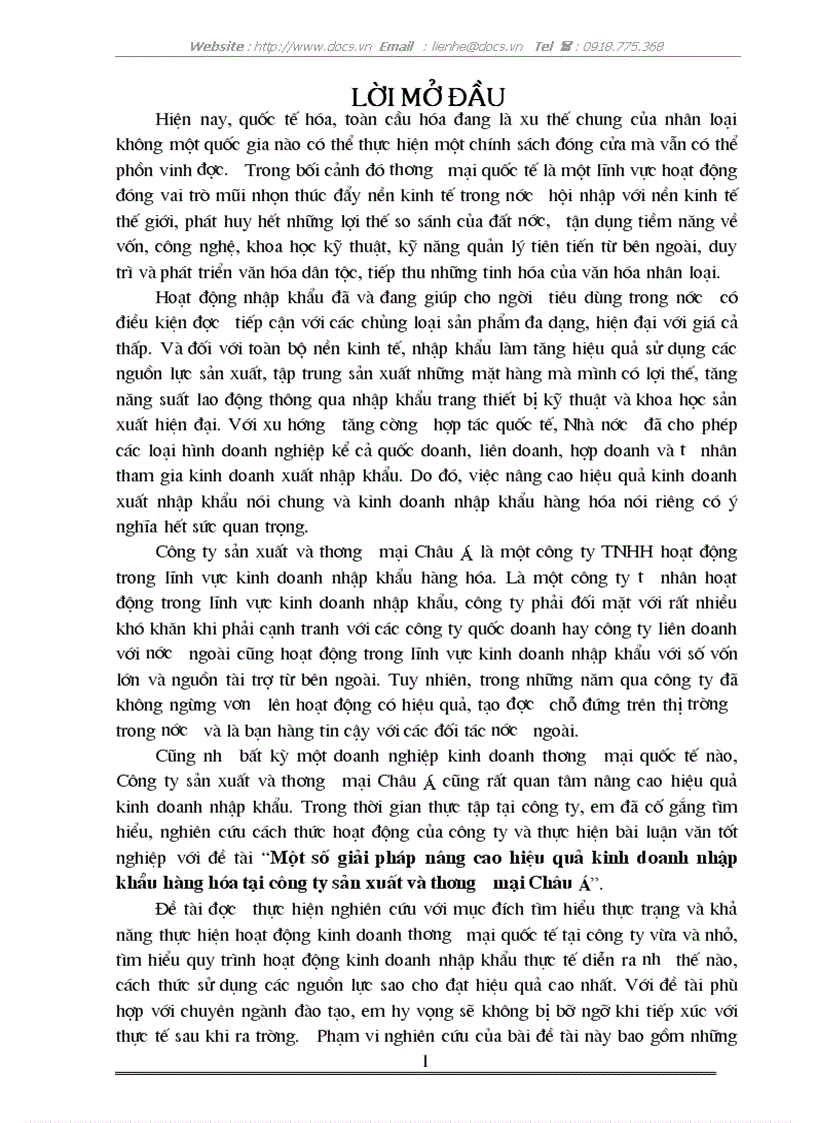 Một số giải pháp nâng cao hiệu quả kinh doanh nhập khẩu hàng hóa tại công ty sản xuất và thương mại Châu Á