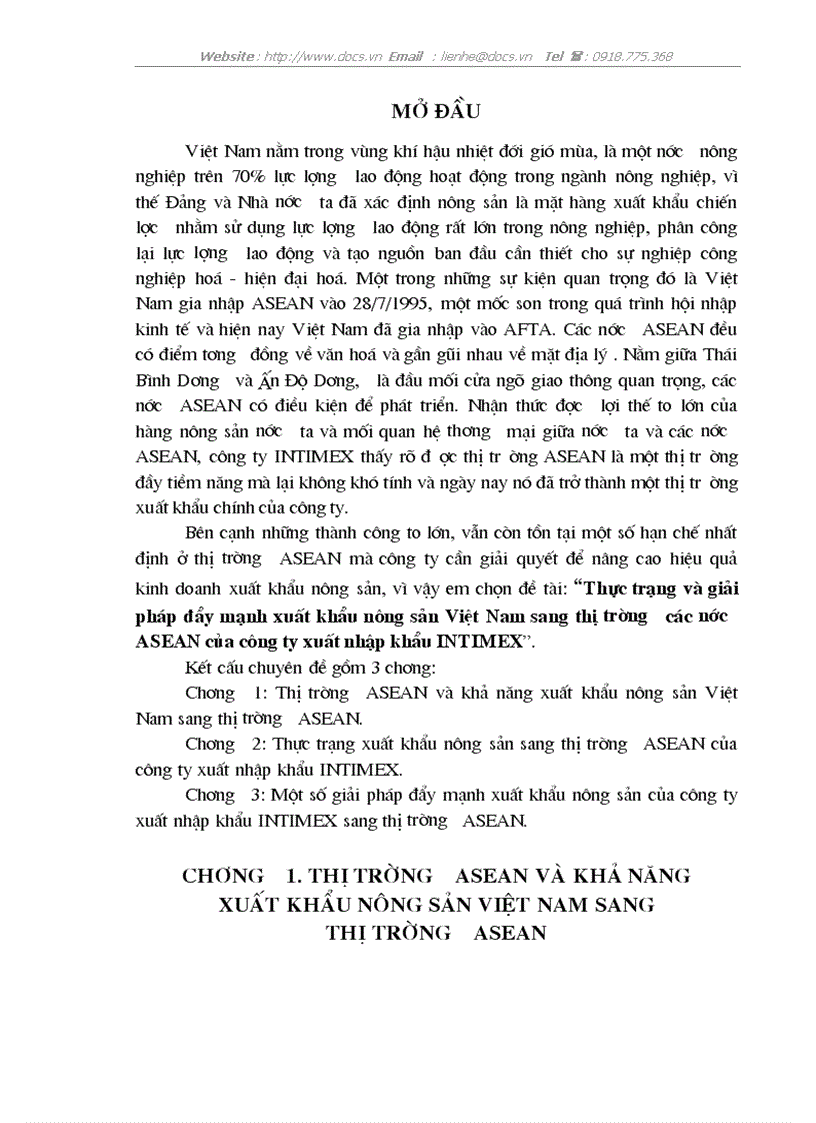 Thực trạng và giải pháp đẩy mạnh xuất khẩu nông sản Việt Nam sang thị trường các nước ASEAN của công ty xuất nhập khẩu INTIMEX
