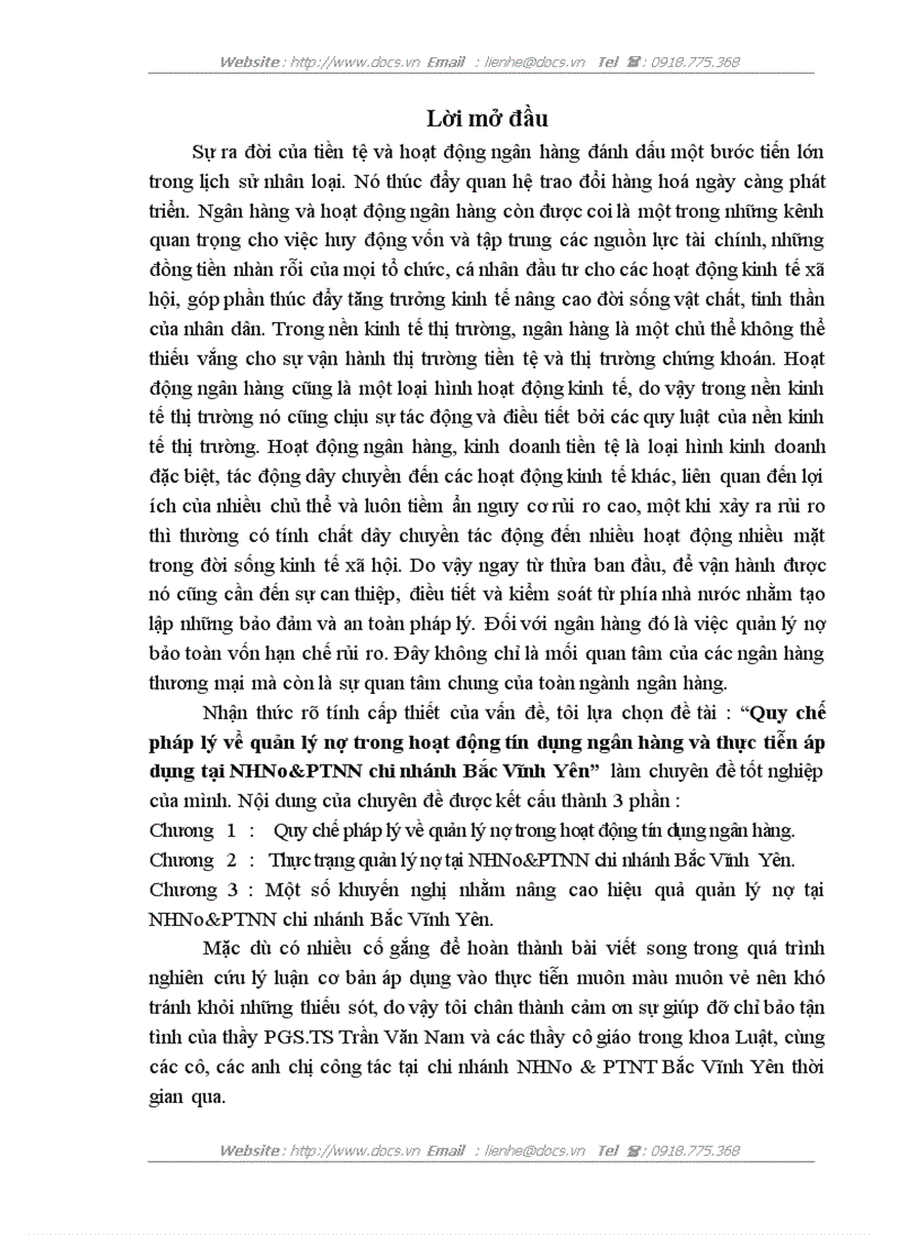 Quy chế pháp lý về quản lý nợ trong hoạt động tín dụng ngân hàng và thực tiễn áp dụng tại NHNo PTNN chi nhánh Bắc Vĩnh Yên