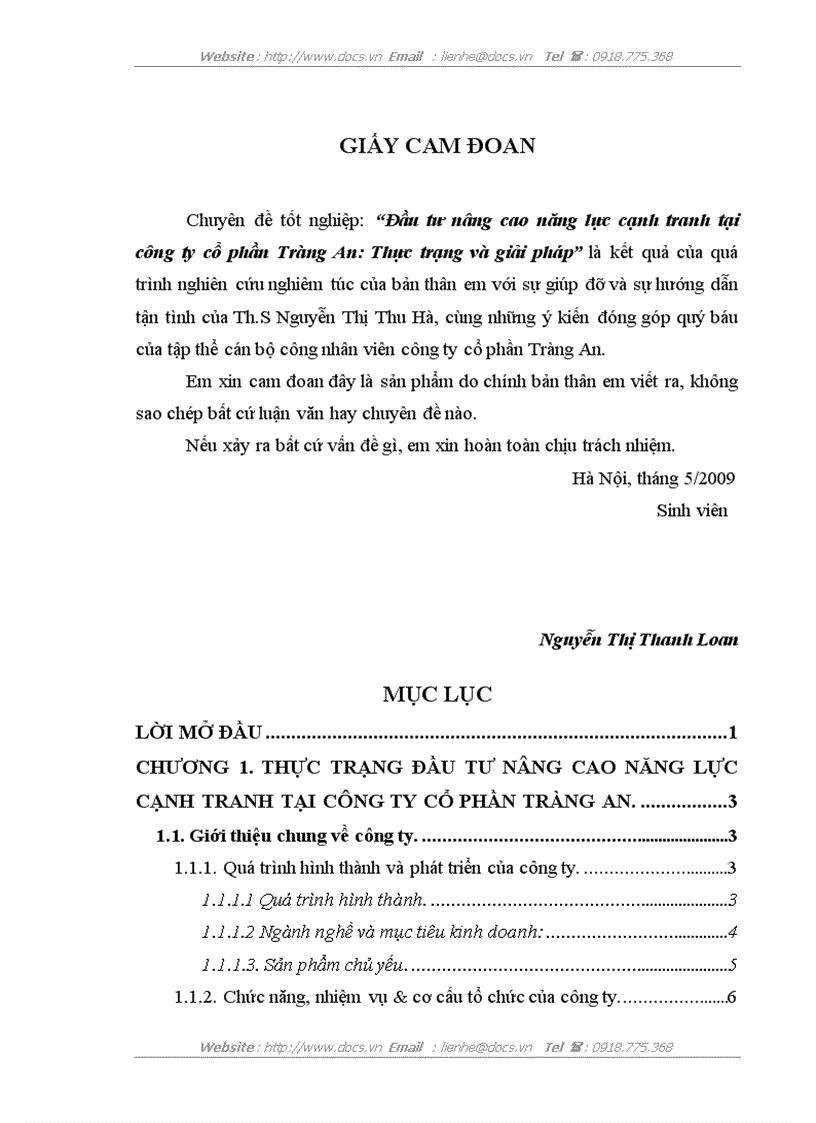 Đầu tư nâng cao năng lực cạnh tranh tại công ty cổ phần Tràng An thực trạng và giải pháp