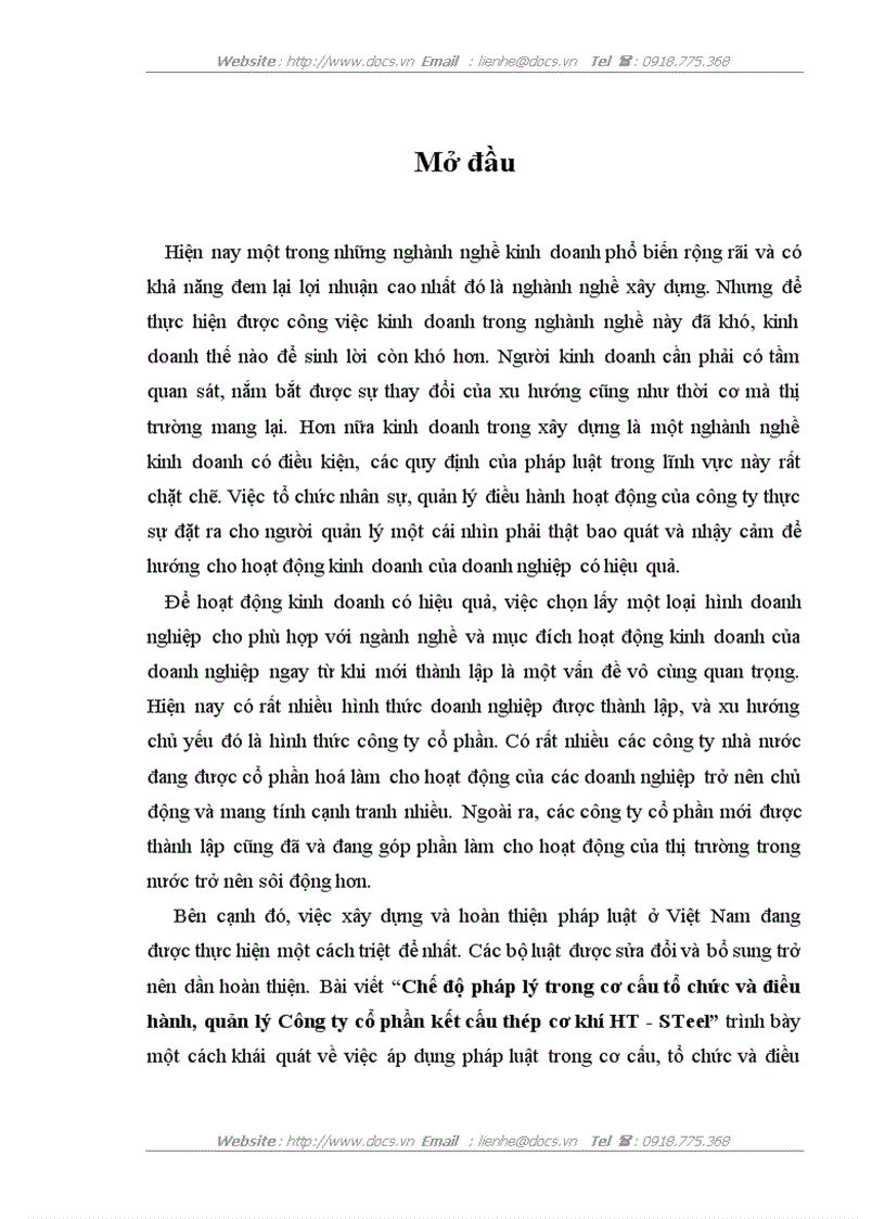 Chế độ pháp lý trong cơ cấu tổ chức và điều hành quản lý Công ty cổ phần kết cấu thép cơ khí HT STeel