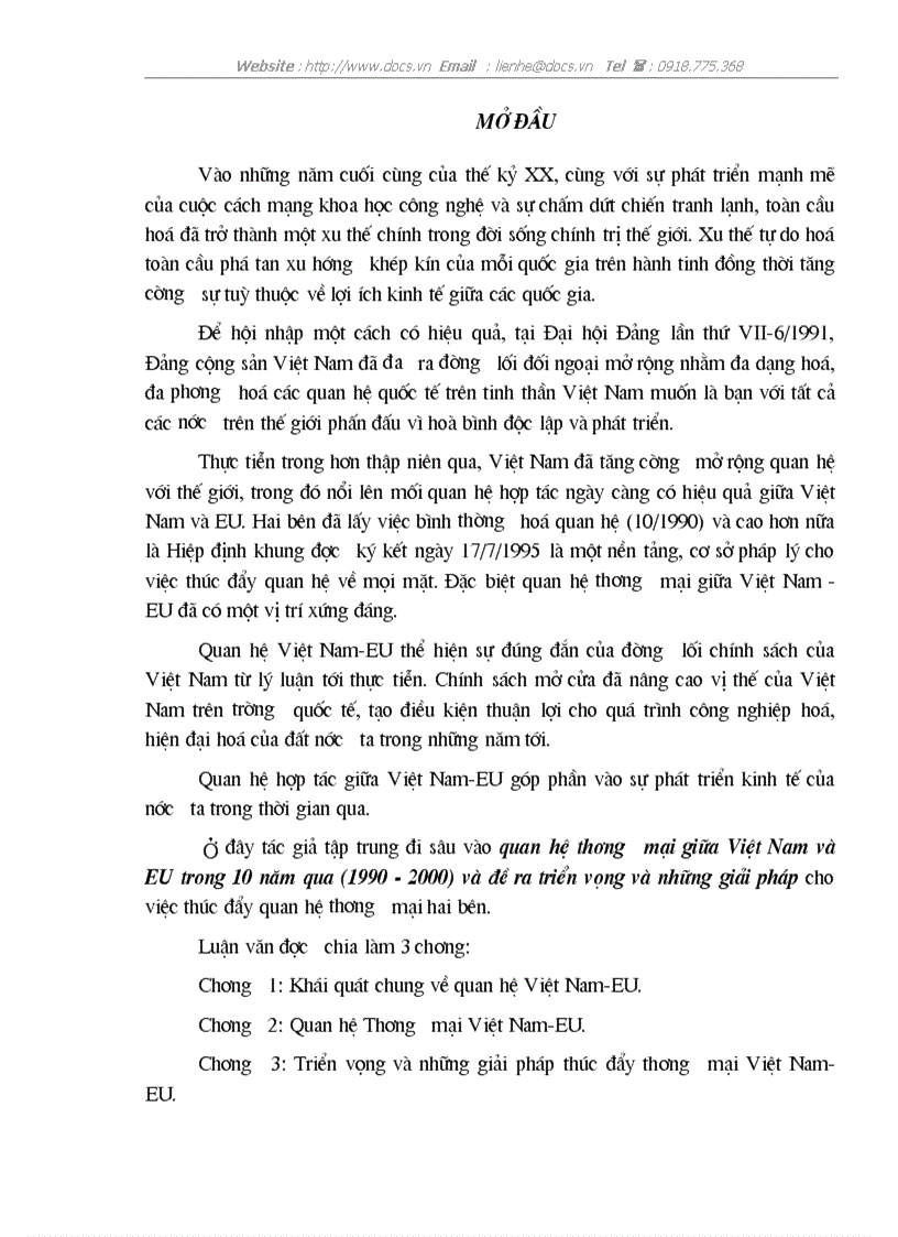 Quan hệ thương mại giữa Việt Nam và EU trong 10 năm qua 1990 2000 và đề ra triển vọng và những giải pháp
