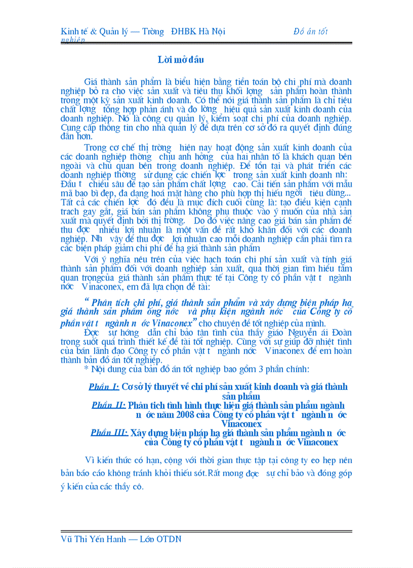 Phân tích chi phí giá thành sản phẩm và xây dựng biện pháp hạ giá thành sản phẩm ống nước và phụ kiện ngành nước của Công ty cổ phần vật tư ngành nước Vinaconex