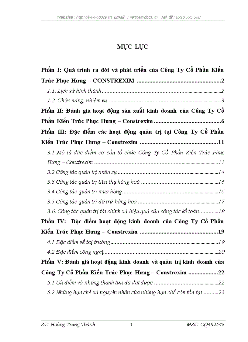 Báo cáo tổng quan tại Công Ty Cổ Phần Kiến Trúc Phục Hưng CONSTREXIM