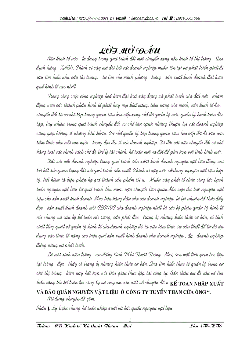 Kế toán nhập xuất và bảo quản nguyên vật liệu ở công ty tuyển than cửa ông