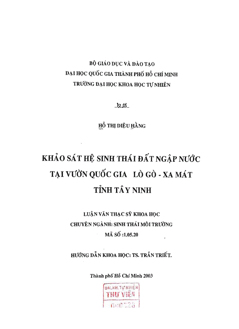 Khảo sát hệ sinh thái đất ngập nước tại vườn quốc gia lò gò xa mát tỉnh tây ninh