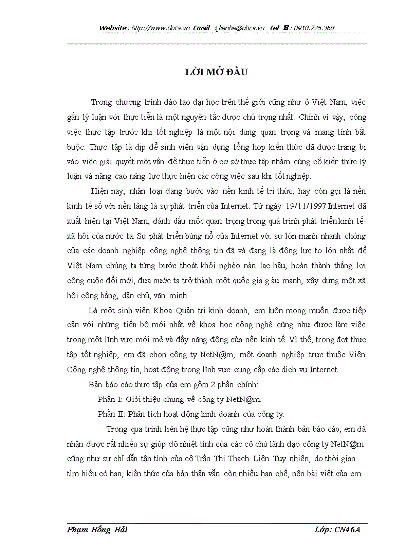 Báo cáo thực tập tại CÔNG TY NETN M