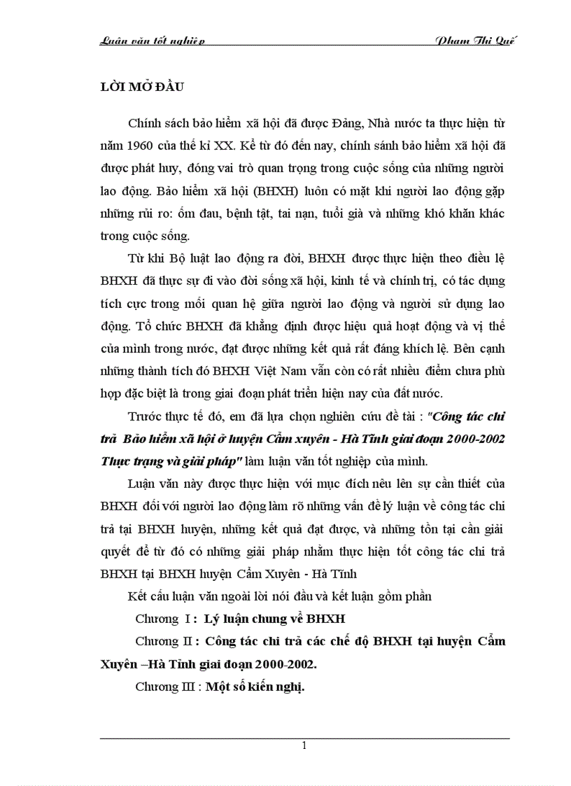 Công tác chi trả Bảo hiểm xã hội ở huyện Cẩm xuyên Hà Tĩnh giai đoạn 2000 2002 Thực trạng và giải pháp