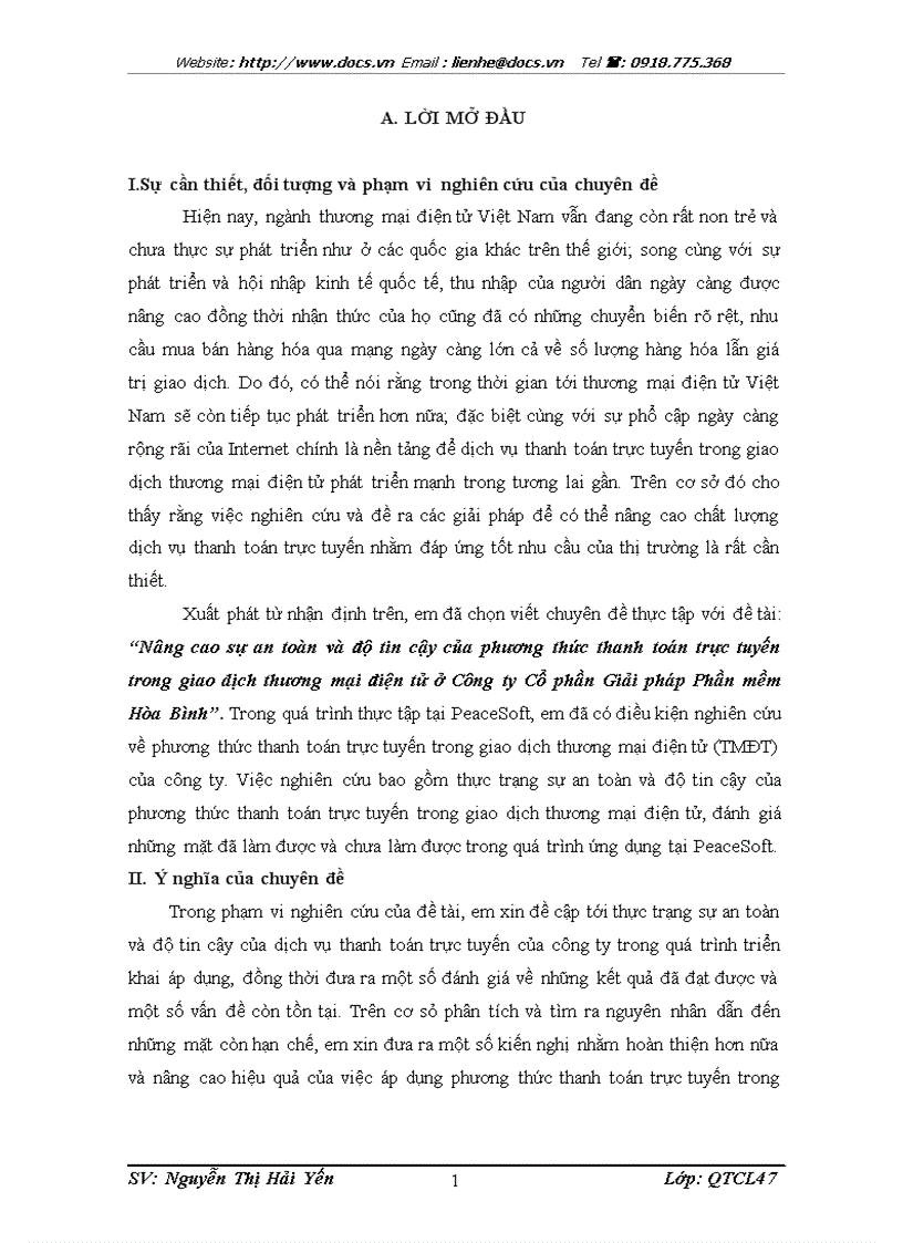 Nâng cao sự an toàn và độ tin cậy của phương thức thanh toán trực tuyến trong giao dịch thương mại điện tử ở Công ty Cổ phần Giải pháp Phần mềm Hòa Bì