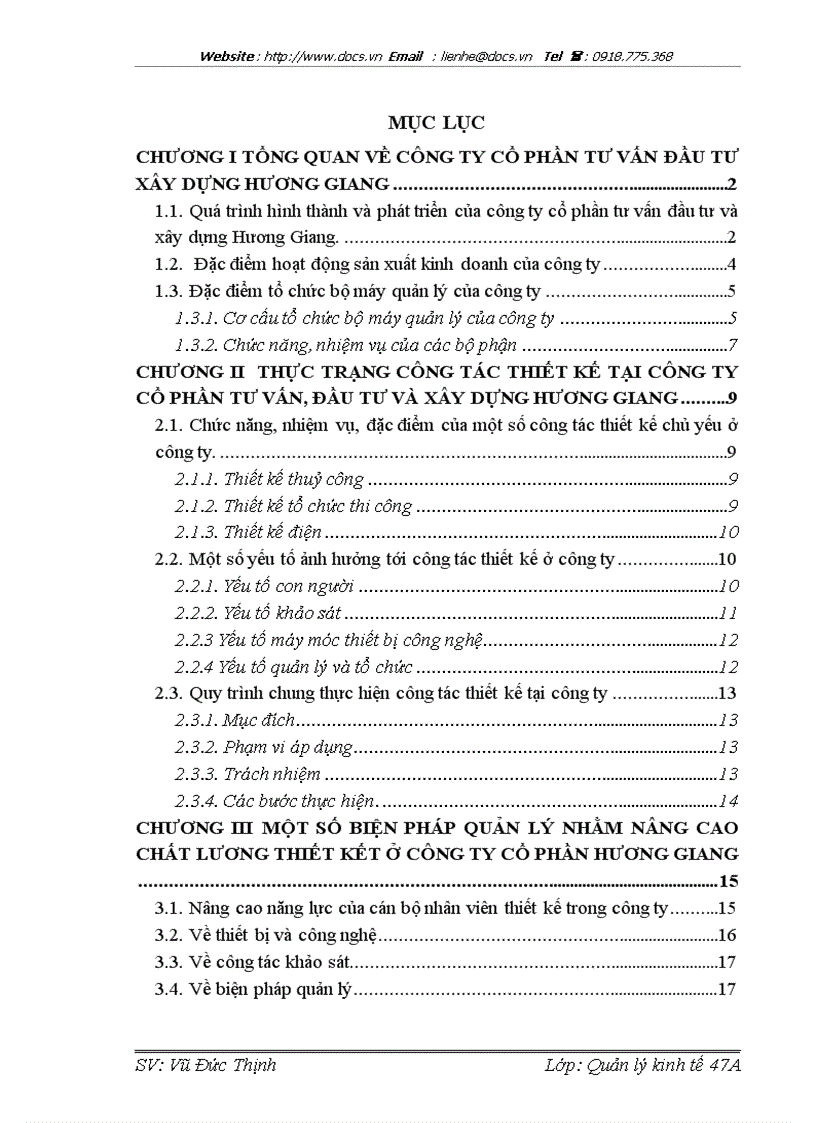 Một số biện pháp quản lý nhằm nâng cao chất lương thiết kết ở công ty cổ phần hương giang