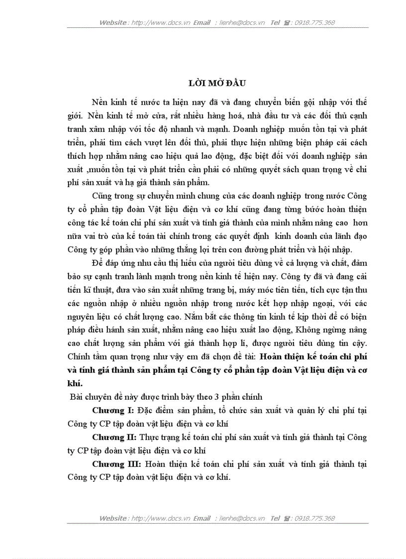 Hoàn thiện kế toán chi phí và tính giá thành sản phẩm tại Công ty cổ phần tập đoàn Vật liệu điện và cơ khí