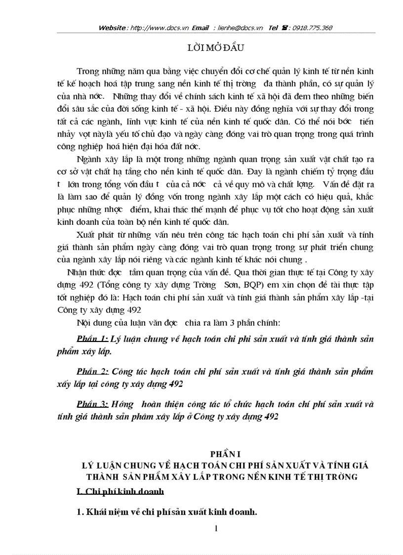 Công tác hạch toán chi phí sản xuất và tính giá thành sản phẩm xấy lắp tại công ty xây dựng 492
