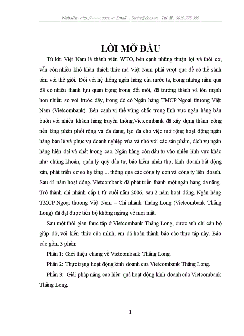 Báo cáo tổng hợpTại ngânhàng NHTMCP Ngoại thương Việt Nam Vietcombank Chi nhánh Thăng Long
