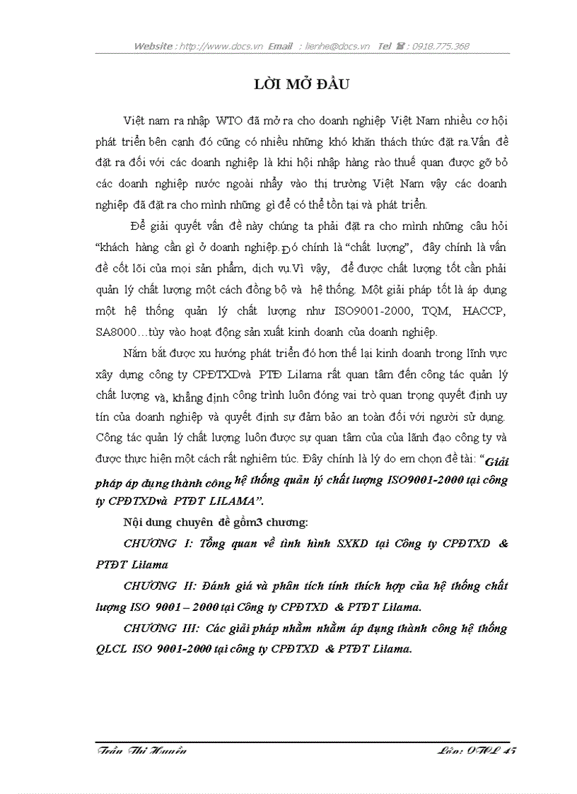 Giải pháp áp dụng thành công hệ thống quản lý chất lượng ISO9001 2000 tại công ty CPĐTXDvà PTĐT LILAMA