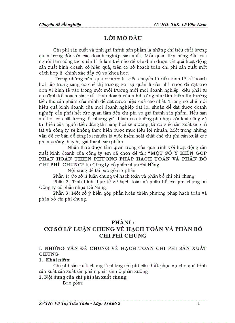 MỘT SỐ Ý KIẾN GÓP PHẦN HOÀN THIỆN PHƯƠNG PHÁP HẠCH TOÁN VÀ PHÂN BỔ CHI PHÍ CHUNG tại Công ty cổ phần nhựa Đà Nẵng