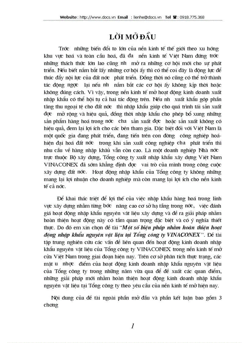 Một số biện pháp nhằm hoàn thiện hoạt động nhập khẩu nguyên vật liệu tại Tổng công ty VINACONEX