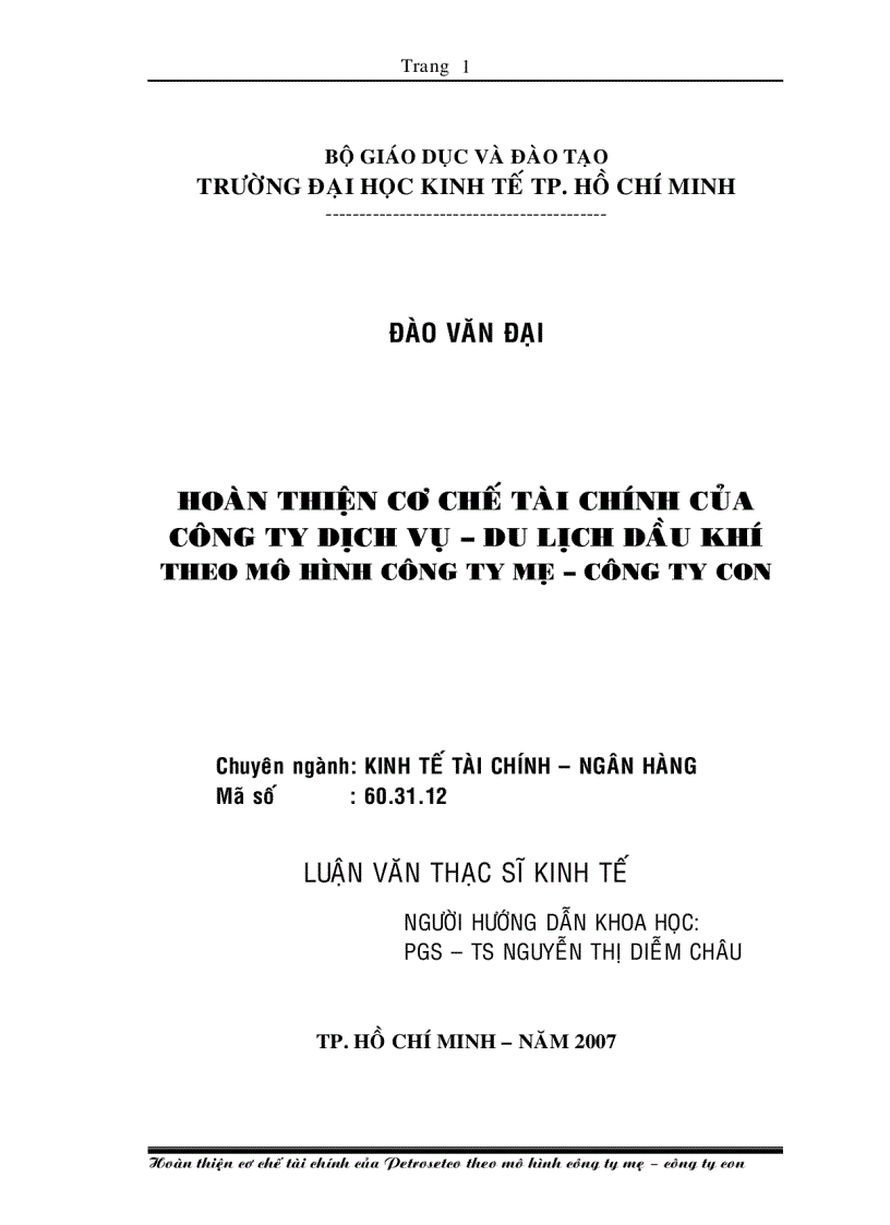 Hoàn thiện cơ chế tài chính của Công ty Dịch vụ Du lịch dầu khí theo mô hình Công ty mẹ Công ty con