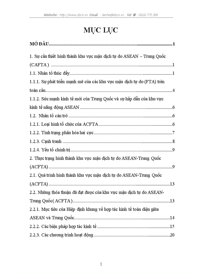 Thực trạng hình thành khu vực mậu dịch tự do ASEAN Trung Quốc ACFTA