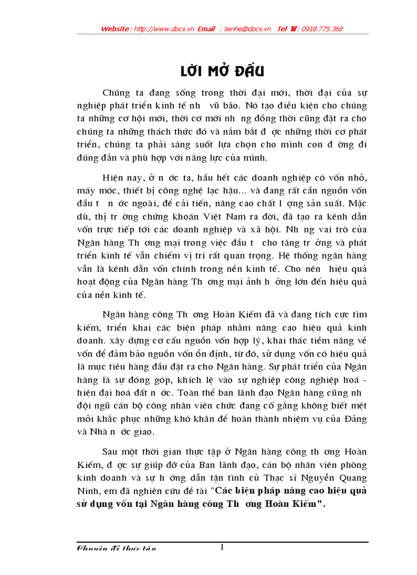 Các biện pháp nâng cao hiệu quả sử dụng vốn tại Ngân hàng công Thương Hoàn Kiếm