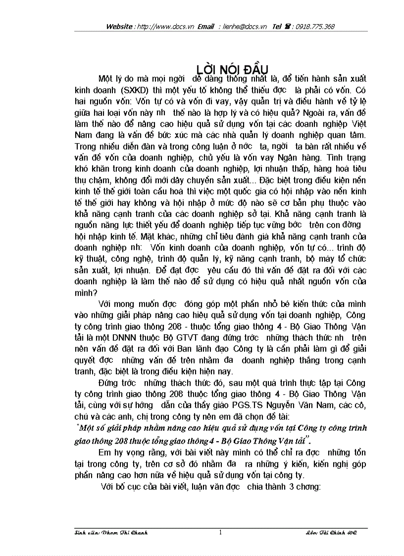 1số giải pháp nhằm nâng cao hiệu quả sử dụng vốn tại Công ty công trình giao thông 208 thuộc Tổng giao thông 4 Bộ Giao thông vận tải