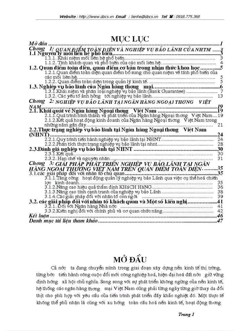 Quan điểm toàn diện trong phát triển nghiệp vụ bảo lãnh tại ngânhàng NHTMCP Ngoại Thương VietcomBank VN