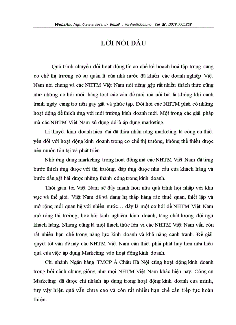 Giải pháp nâng cao chất lượng công tác marketing tại chi nhánh Ngân hàng Thương mại cổ phần Á Châu Hà Nội