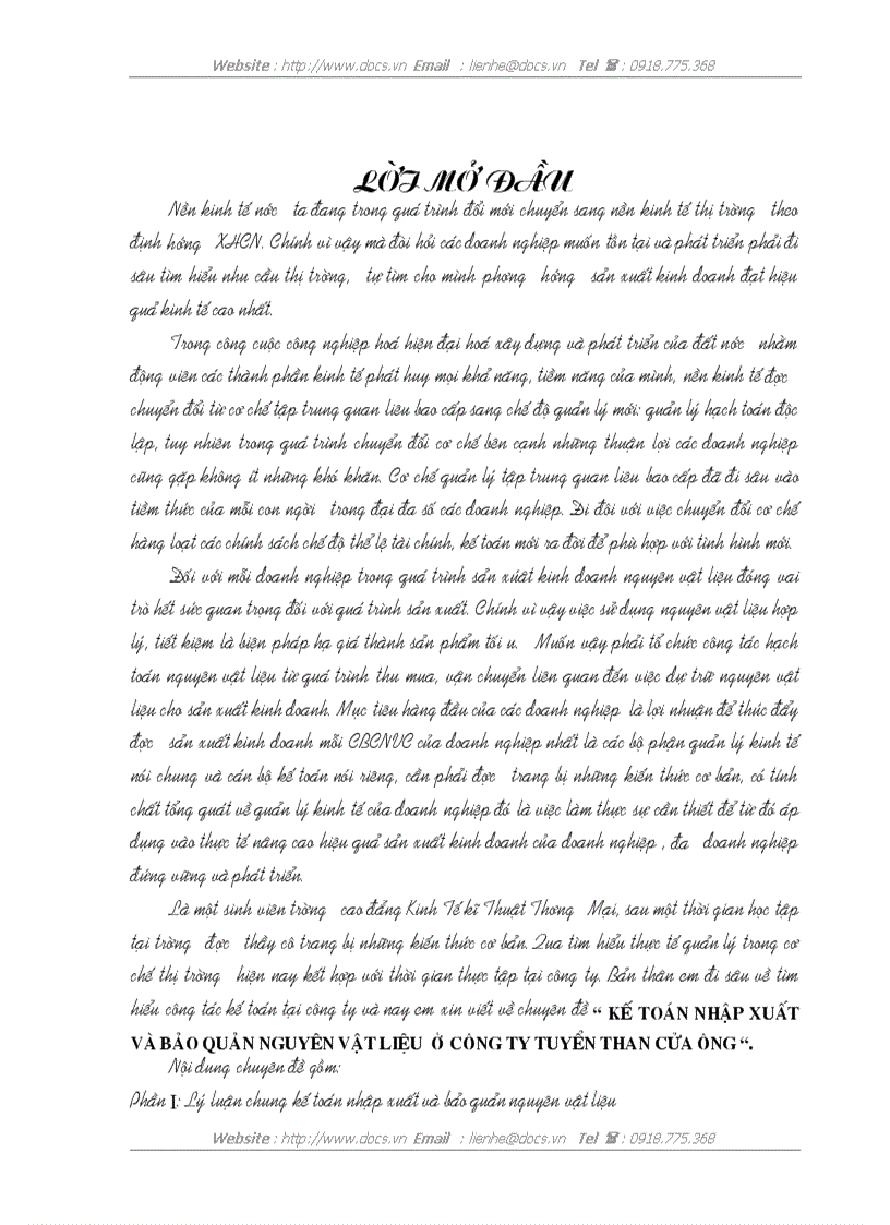 Kế toán nhập xuất và bảo quản nguyên vật liệu ở công ty tuyển than cửa ông