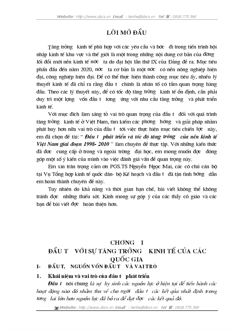Đầu tư phát triển và tốc độ tăng trưởng của nền kinh tế Việt Nam giai đoạn 1998 2010