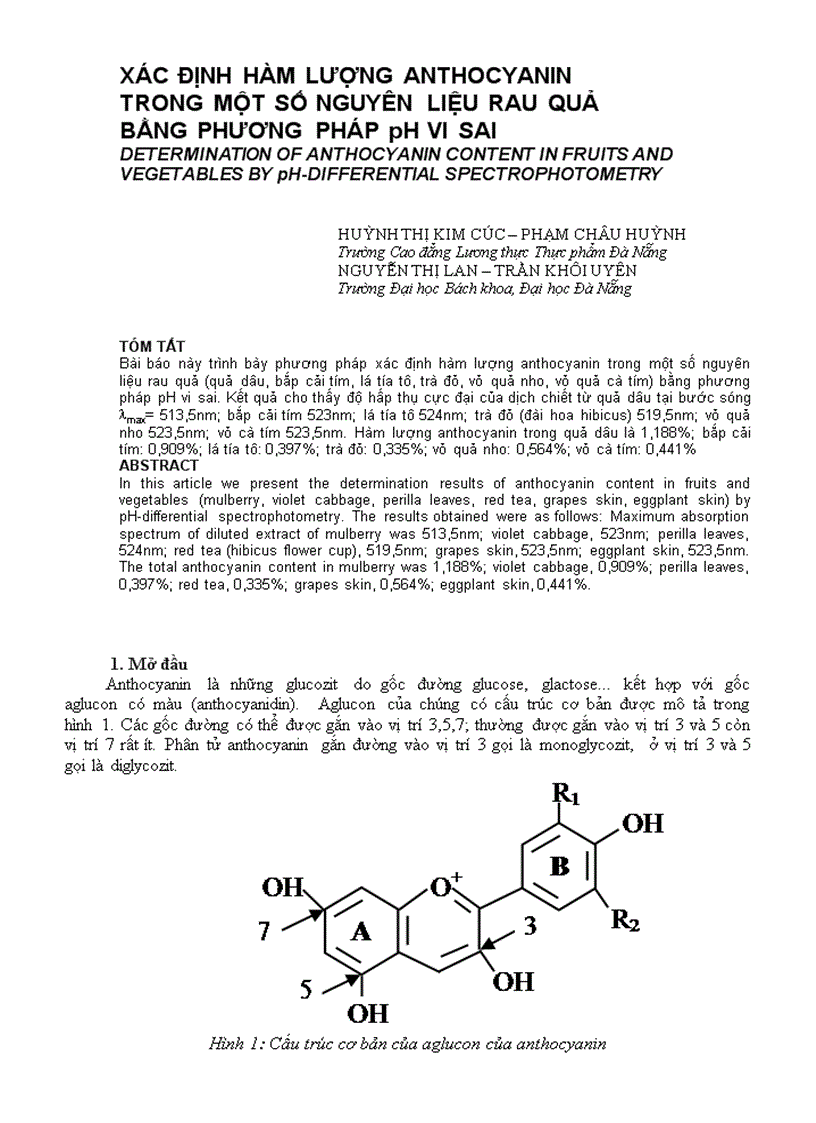 XÁC ĐỊNH HÀM LƯỢNG ANTHOCYANIN TRONG MỘT SỐ NGUYÊN LIỆU RAU QUẢ BẰNG PHƯƠNG PHÁP pH VI SAI