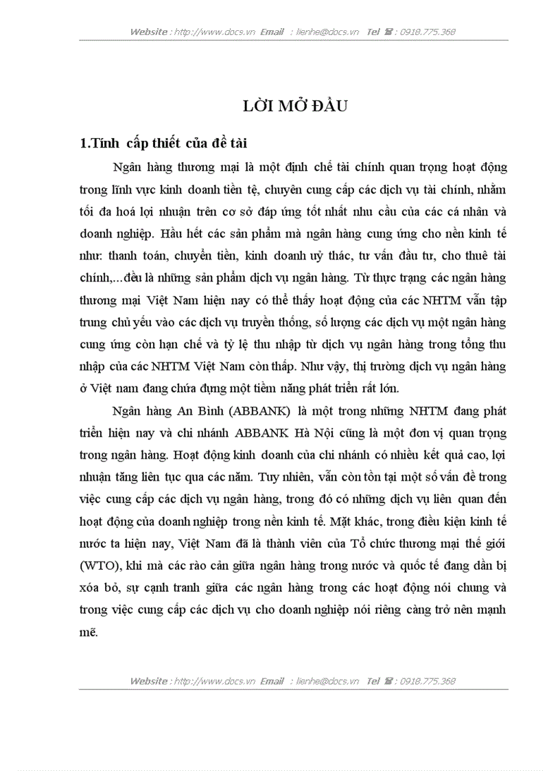 Nâng cao năng lực cạnh tranh trong cung cấp dịch vụ ngân hàng cho cac doanh nghiệp tại Ngân hàng TMCP An Bình Chi nhánh Hà Nội trong điều kiện hội n